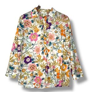 Jade Melody Tam Floral Butterfly Popover Blouse M 100% Cotton Roll Tab Whimsical